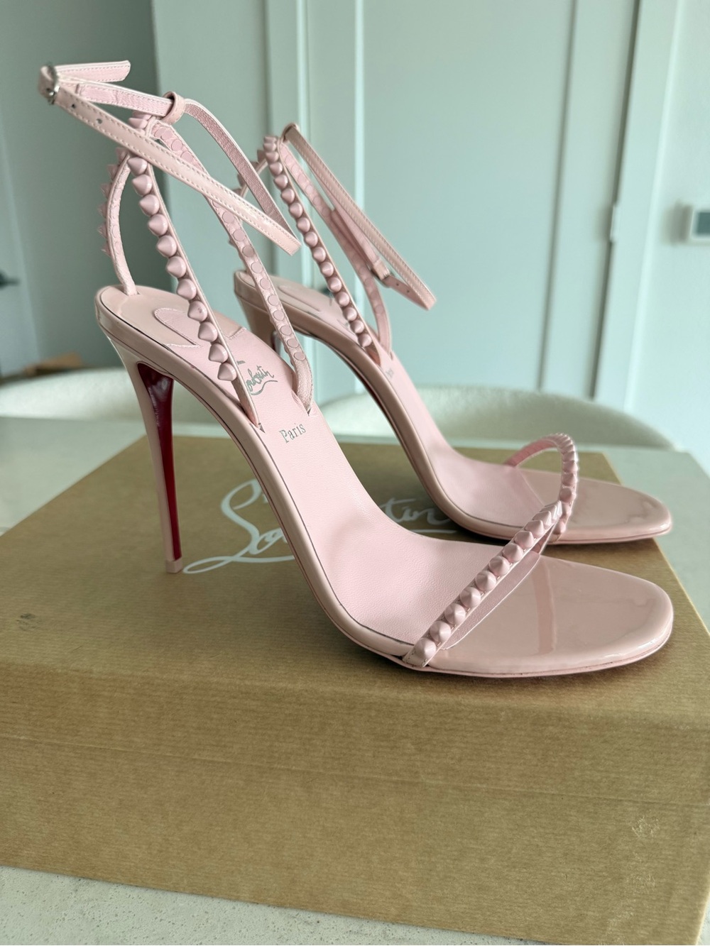 Christian Louboutin So Me Pink Patent Leather Studded Ankle-Strap Heels - Picture 3 of 6